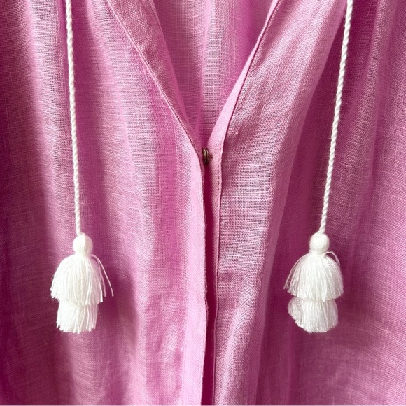 ELEVEN March 11 Pink Linen Embroidered drop waist tassel Tunic Dress - Picture 5 of 12